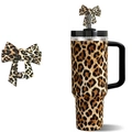 Leopard print Stanley cup topper bow with matching 40oz stainless steel tumbler - Leopard Print