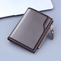 Men's tri-fold short wallet in dark brown frosted leather with secure side metal zipper - Brown