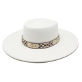 Detail of white wide brim wool fedora with bohemian geometric woven headband - M(56-58cm) / White