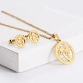 Golden titanium steel jewelry set featuring hollow coconut tree pendant and stud earrings - Coconut Tree in Circle