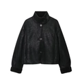 Women's black faux suede jacket with warm shearling collar and button closure - XS / Black