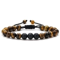 Detail of 8mm tiger eye and black lava stone beads on an adjustable braided cord bracelet - Yellow Tiger Eye / Black Lava Stone
