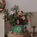 Christmas tree tabletop decor featuring a plush bear, red berries and cotton balls - Bear Nobellis Pine Cotton Tree Bucket (With LED String)