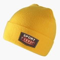 Detailed close-up of bright yellow knit beanie with vintage sport embroidery and rivet - L(58-60cm) / Bright Yellow