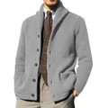 Grey men's knit hooded cardigan sweater with button closure and lapel collar design - M / Tops / Gray