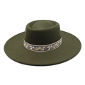 Detail of dark green wool felt fedora featuring a colorful ethnic geometric woven hat band - M (56-58cm) / Army Green