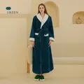 Thick forest green fleece bathrobe with white plush trim and matching slippers - M / Forest Green