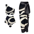 Three-piece one-shoulder high-waisted bikini set with abstract contrast swirl print sarong - S / Black & White Abstract 3-Piece Set