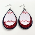 Detail of baseball teardrop earrings with three-layer leather glitter and red stitching - Style 6-White Baseball Red Black Glitter