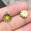 Golden flower charm with green and yellow enamel inlay and top hanging loop - 1Pc Green Round Small Daisy 11.4x14.6mm