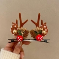 Handheld pair of brown reindeer antler hair clips with red polka dot balls and pinecones - 59- Christmas Antler Hair Clip #Mushroom Pair
