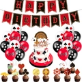 Detailed casino theme birthday set with poker banners, 777 balloons, and cake toppers - 4-Piece Set-Poker