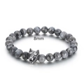 Mens 8mm grey marble natural stone beaded bracelet with vintage silver wolf head charm - 8mm / Grey (8mm Labradorite)