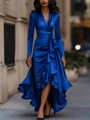 Royal blue satin V-neck dress featuring a cinched waist and ruffled hem details - Royal Blue(105580)