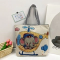 Off-white canvas tote bag featuring embroidered cartoon elephant and striped shoulder straps - Style 15 - Elephant Driving Helicopter (Beige)