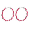 Pink enamel hoop earrings with silver metal base and embedded cubic zirconia stones - Silver Rose Red