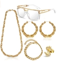 5-piece gold hip hop jewelry set with dollar sign ring, cuban chain and glasses - Five-Piece Set