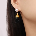 Elegant gold earrings with white pearl and large black resin teardrop pendant - Gold Black Resin