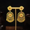 Bohemian gold drop earrings with colorful crystals and fringe on a display stand - Gold Multicolor Rhinestone Tassel Dangle