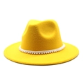 Detail of yellow wool fedora hat featuring an elegant white pearl woven ribbon band - M (56-58cm) / Yellow