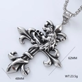 Detail view of silver cross pendant with lion motif showing 62mm by 48mm dimensions - Lion Emblem Cross Style