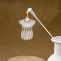 Detailed view of silver hollowed fan hair stick with leaf tassels in a ceramic vase - Fan Hollow Five-Leaf Tassel (F365)
