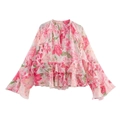 Women's pink floral chiffon blouse with tiered ruffles and flared sleeves on white background - XS / Pink Floral