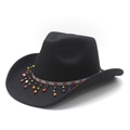 Détail d'un chapeau de cow-boy avec perles ethniques colorées et ruban géométrique - M (56-58cm) / Noir