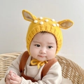Yellow baby knit hat with white dots, deer ears and secure chin straps for winter warmth - Yellow Giraffe - Lined