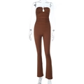 Brown strapless jumpsuit with ruched waist and flared legs on a headless mannequin - S / Brown