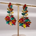 Vintage gold earrings with colorful floral glass crystals and leaves on a display stand - Multi-color (Silver Pin)