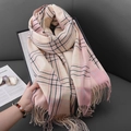 Roze en beige geruite sjaal met kwastjes van zacht imitatiekasjmier voor de winter - 70*180cm / Roze
