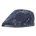 Navy blue denim newsboy hat with white abstract art print and metal buckle - Navy Blue