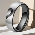Brushed silver stainless steel couple ring with heart cutout and black inner plating - 25-a-5 Heart-shaped Men's Style / Size 6