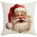 Close-up of Santa Claus illustration on linen square cushion cover with festive red tones - Front Santa Claus / 45*45cm Single-sided Linen