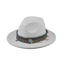 Light gray wool fedora hat with bohemian ethnic beads and turquoise stone buckle strap - 24-Light Gray