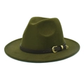 Detailed close-up of olive green wool fedora hat featuring a leather belt strap and gold buckle - M (56-58cm) / Army Green