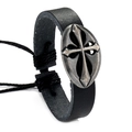 Vintage braided black leather cross bracelet with antique silver oval metal plate - Cross Type F