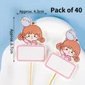 Set of 40 cartoon girl cake toppers with pink blank tags for graduation parties - Writable Girl