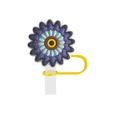 Detail van een siliconen bloemvormige rietjesdop met een gele plastic clipbevestiging - Stijl 1