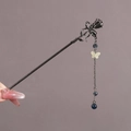 Vintage style metal hair stick with rose flower, bow, and blue beaded chain tassels - Black Rose Pendant