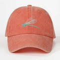 Unisex washed red baseball cap with green dragonfly embroidery and vintage style - One Size / Orange