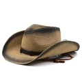 Detail of western straw hat featuring gradient weave, leather band and adjustable wind cord - M(56-58cm) / Khaki Black