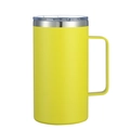 Detail view of a yellow 24oz stainless steel tumbler with handle and clear lid - Powder Coated Yellow
