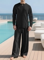 Herren Freizeitset aus schwarzem Baumwoll-Leinen mit plissiertem Langarmhemd und weiter Hose - Schwarz + Schwarz
