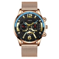 Men's fashion watch with rose gold mesh strap, black dial and blue tachymeter bezel - Rose Gold