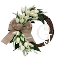 Detail of tulip wreath with woven rattan, burlap bow and white letter G decoration - Letter G