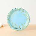 Piatto di carta celeste da 7 pollici con pois dorati lucidi per feste di compleanno - Pois Blu
