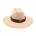 Ethnic beige wide brim cowboy hat with brown leather band and bull head metal detail - Beige