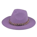 Detail view of purple straw fedora hat featuring a chunky rose gold chain decoration - Adult 57-60cm / Purple